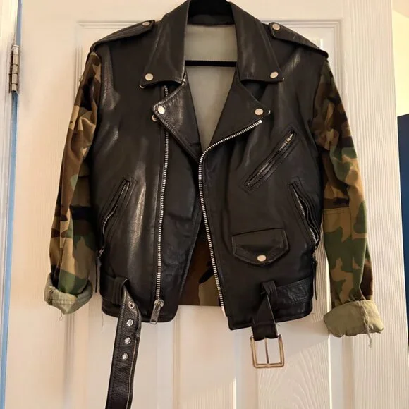 Upcycled DIY Handmade Authentic Motorcycle Jacket Real Leather Camo - Picture 1 of 3